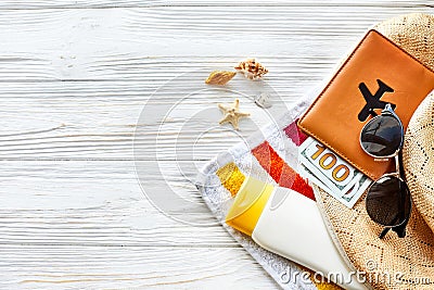 Summer vacation concept flat lay. colorful towel, hat,passport w Stock Photo