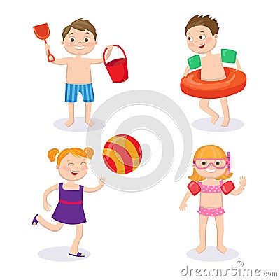 Summer Vacation Concept. Happy Kids Wearing Swimsuits Having Fun Vector Illustration