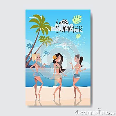 Summer vacation dancing woman relax landscape beach badge Design Label. Season Holidays lettering for logo,Templates Vector Illustration