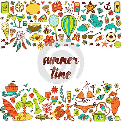 Summer vacation hand drawn vector elementss and objects, beach symbols Vector Illustration