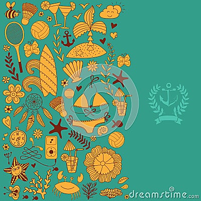 Summer vacation hand drawn vector elementss and objects, beach symbols. Vector Illustration
