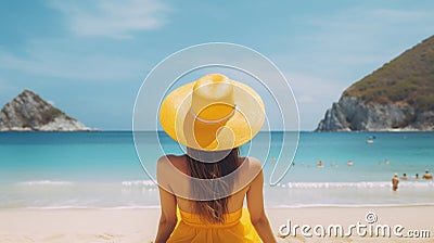 Summer vacation happy carefree joyful bikini woman arms outstretched in happiness enjoying tropical beach destination. Holiday Stock Photo