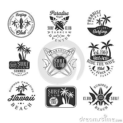 Summer Vacation In Hawaii Black And White Sign Design Templates With Text And Tools Silhouettes Vector Illustration