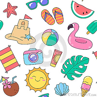 Summer, vacation, holiday, beach accessories and objects seamless pattern Vector Illustration