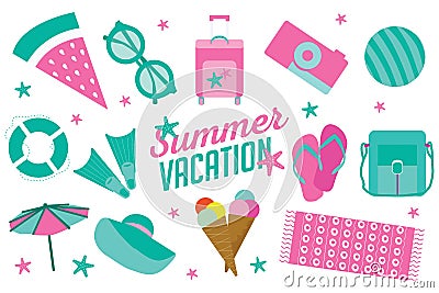 Summer vacation icon set in flat cartoon style Vector Illustration