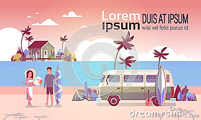 Summer vacation man woman surf bus sunset tropical beach retro surfing vintage villa island horizontal copy space Vector Illustration