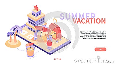 Summer vacation - modern colorful isometric web banner Vector Illustration