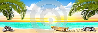 Summer vacation panorama. Tropical beach with a coco palm tree, blue ocean with a boat and sunset sky with clouds. Vector Illustration