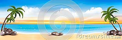 Summer vacation panorama. Tropical beach with a palm tree and blue sea. Vector Illustration