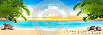 Summer vacation panorama. Tropical beach with a palm tree and blue sea. Vector Illustration