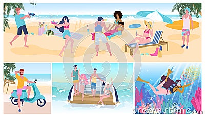 Summer vacation party on beach, people having fun, active leisure vector illustration Vector Illustration