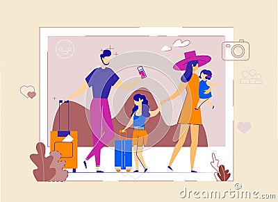 Summer Vacation Photo Young Family with Daughters Vector Illustration