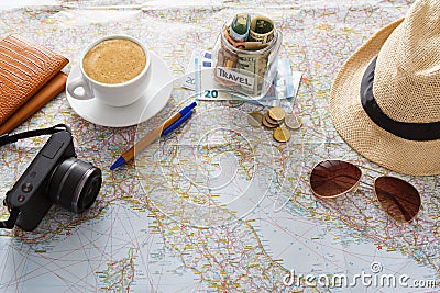 Travel planning concept. Tourist stuff on map background Stock Photo