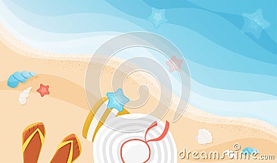 Summer vacation relax on sea coast, cute scene with feet in flip flops, hat and bag Vector Illustration