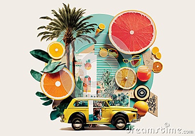 Summer vacation road trip trendy art paper collage design. Generative ai Stock Photo