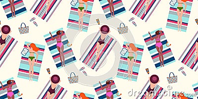 Summer vacation seaside background seamless pattern. Hand drawn, relaxed beautiful people on the beach. Sexy girls lying on sand, Vector Illustration
