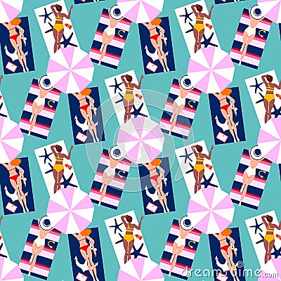 Summer vacation seaside background seamless pattern. Hand drawn, relaxed beautiful people on the beach. Sexy girls lying on sand, Vector Illustration