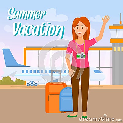 Summer Vacation Square Banner. Traveling Girl. Vector Illustration