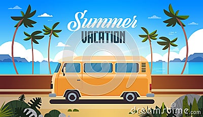 Summer vacation surf bus sunrise tropical beach retro surfing vintage greeting card horizontal with lettering template Vector Illustration