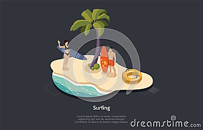 Summer Vacation, Surfing And Holidays Concept. Male And Female Characters With Surfing Equipment. Man And Woman Surfers Vector Illustration