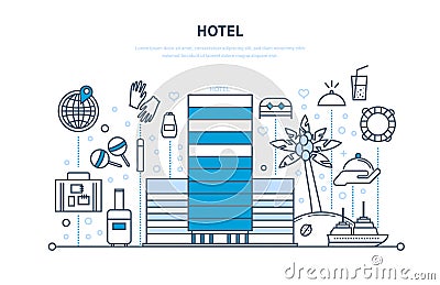 Summer vacation, travel. Hotel, room reservation, exterior, interior of building. Vector Illustration