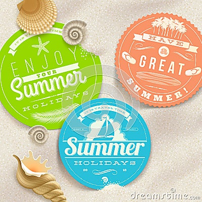 Summer vacation and travel labels and sea shells Vector Illustration