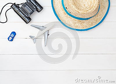 Summer Vacation Travel Objects concept on white table Stock Photo