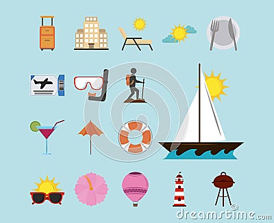 Summer vacation travel, recreation adventure relaxing flat icons style Vector Illustration