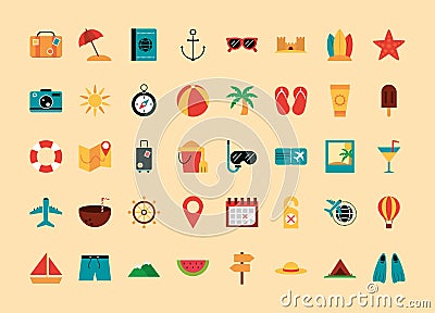 Summer vacation travel, season tourism relaxing pack icons flat style Vector Illustration