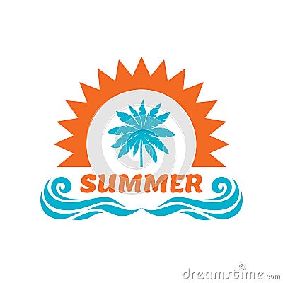 Summer vacation - vector illustration. Palm, sun, sea waves. Badge logo design. Vector Illustration