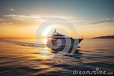 Summer vacation on the water, a modern yacht sails in the rays of sunset. Generative ai Stock Photo