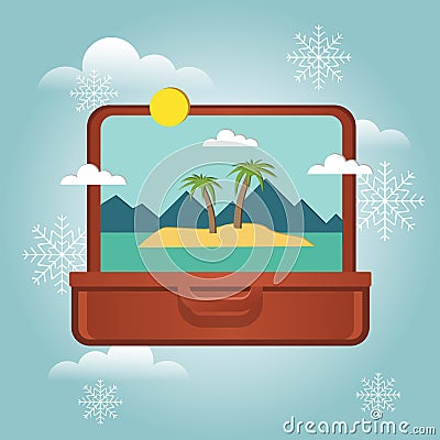 Summer vacation in winter. Planning winter holidays. Open suitcase with a tropical island inside. Traveling and tourism Vector Illustration