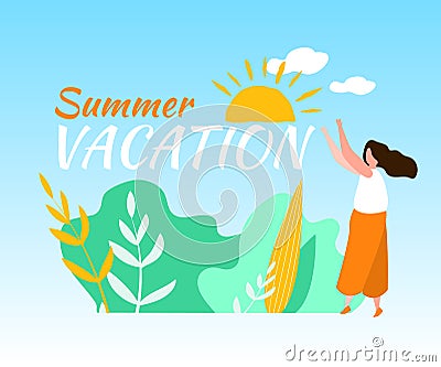 Summer Vacation Woman Outdoors Sun Shine Blue Sky Vector Illustration