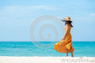 Summer vacations. Lifestyle woman relax and chill on beach background. Stock Photo