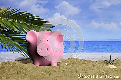 Summer vacations - Piggy bank on a sandy beach. 3d illustration Cartoon Illustration