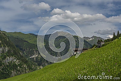 Summer valley with Grossarler Ache small river and blue cloudy sky Stock Photo