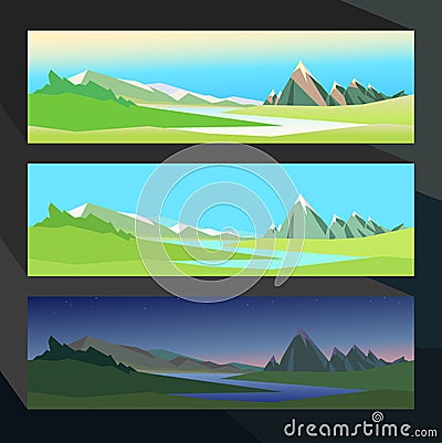 Summer in the valley of a mountain river in different time - morning, afternoon, night. Vector background illustration Vector Illustration