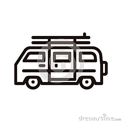 Summer van vehicle with surf boards icon. Vector thin line icon for beach, surfing, hippie, outdoor adventures, vacation concepts Vector Illustration