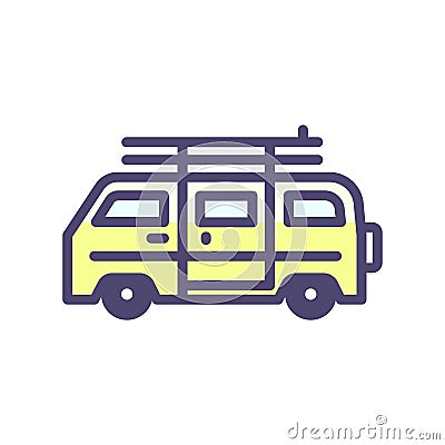 Summer van vehicle with surf boards icon. Vector thin outline icon for beach, Vector Illustration