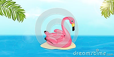 Summer vector banner design concept with pink Flamingo pool float, tropical palm leaves and ocean. Summer vacation Vector Illustration