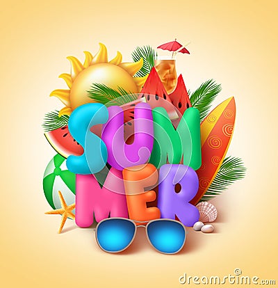 Summer vector banner design with 3d colorful summer text Vector Illustration