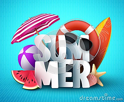 Summer vector banner design with white 3D text title and colorful realistic tropical beach elements Vector Illustration
