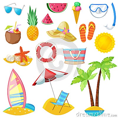 Summer vector icons and design elements isolated on white background. Travel, tourism and vacation illustration Vector Illustration