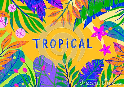 Summer vector illustration with bright tropical leaves,flowers and elements Vector Illustration