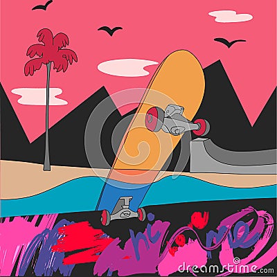 Summer vector illustration, landscape, skateboard on the beach, curb graffiti Vector Illustration