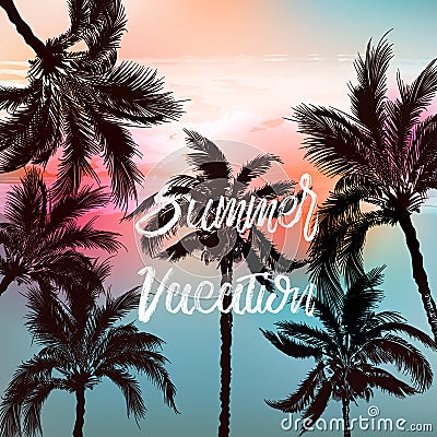 Summer vector illustration. Palm trees, ocean, sunrise Cartoon Illustration