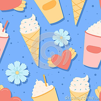 Summer vector seamless pattern with milkshake, ice cream cone, heart and flower icon Vector Illustration