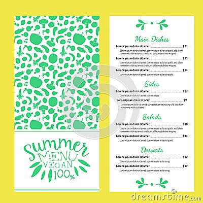 Summer Vegan Food Menu Template with Main Dishes, Salads and Desserts Vector Illustration Vector Illustration