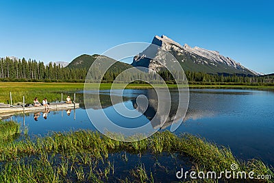 Friends Enjoying the Summer at Vermilion Lakes, Banff National Park, Alberta, Canada Editorial Stock Photo