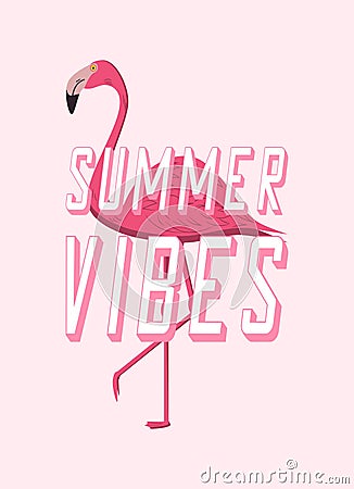 Summer vibes design poster with pink flamingo. Cartoon banner for summer time. Vector Vector Illustration